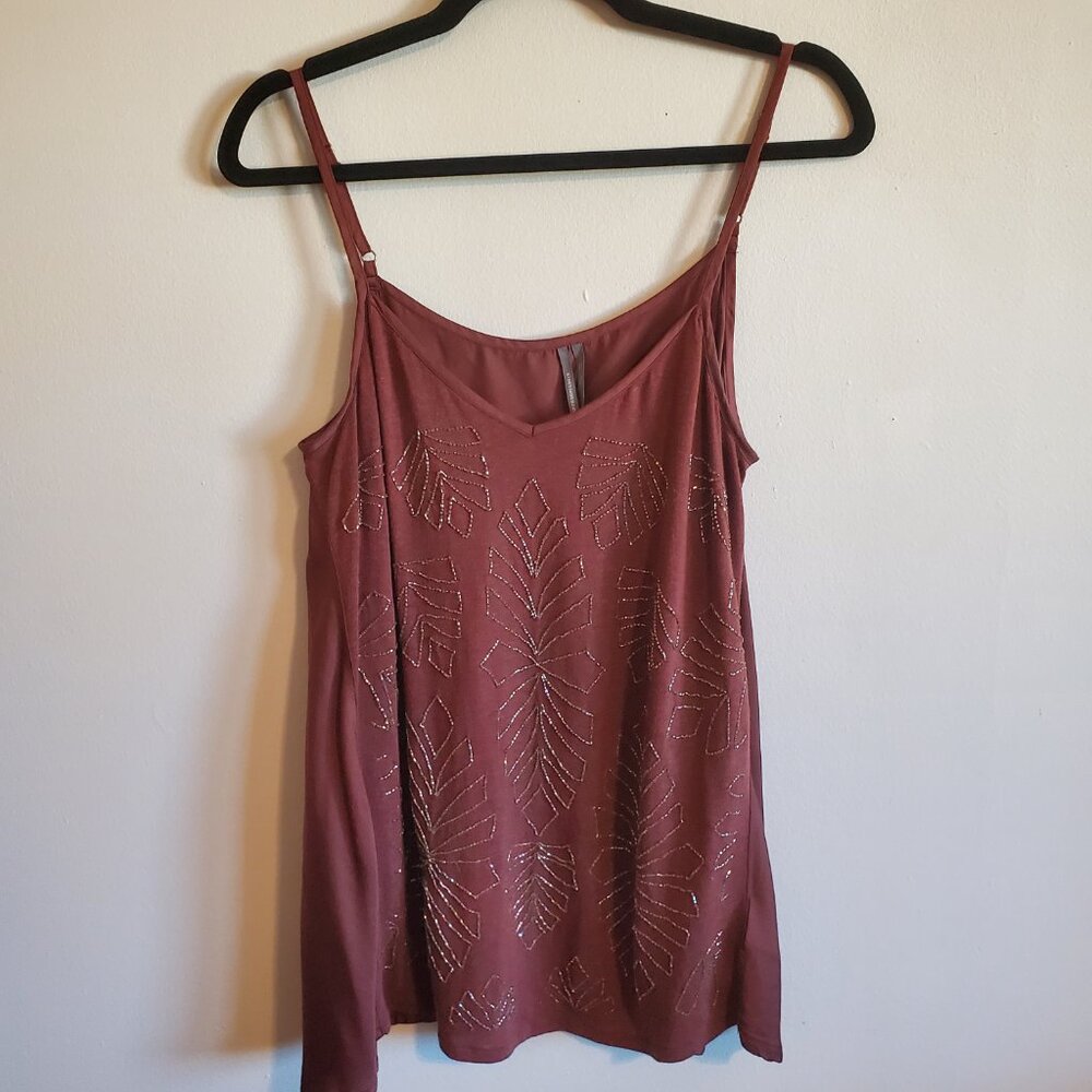 Anthropologie Alison Small Beaded Tank Top Chocolate Brown Embellished Leaves - Picture 2 of 16